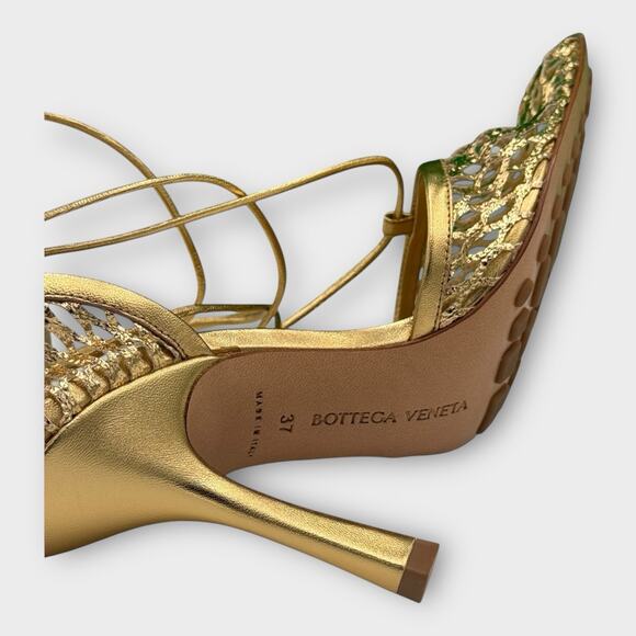 Womans Stretch Mesh Ankle Tie High Heel Sandals In Gold Size 37 - Picture 12 of 12